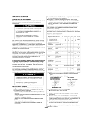 Page 47Î
ÎÎ
µ
µ
Î
ÎÎ
µ
µ
µ
ESPAÑOL
SERVICIO DE SU MOTOR
LA IMPORTANCIA DEL MANTENIMIENTO
PROGRAMA DE MANTENIMIENTO
El mantenimiento, reemplazo o reparación de los dispositivos y sistemas
de control de las emisiones de escape pueden efectuarse en cualquier
establecimiento de reparaciones de motores o por cualquier individuo,
empleando partes que estén ‘‘homologadas’’ según las normas EPA.
SEGURIDAD DEL MANTENIMIENTO
PRECAUCIONES DE SEGURIDAD
Envenenamiento por monóxido de carbono de los gases de...