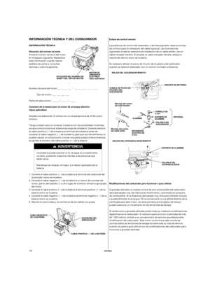 Page 56´
µ
´µ
µµ ´´µ ´
µ
´
ESPAÑOL
Enlace de control remoto
Modificaciones del carburador para funcionar a gran altitud INFORMACIÓN TÉCNICA
Situación del número de serie
Conexión de la batería para el motor de arranque eléctrico
(tipos aplicables)INFORMACIÓN TÉCNICA Y DEL CONSUMIDOR
SITUACIÓN DEL NÚMERO DE
SERIE Y DEL TIPO DE MOTORMOTOR DE
ARRANQUE
ELÉCTRICO
(tipos aplicables)
SOLENOIDE DEL
ARRANCADORMontaje del núcleo
del cable flexible
Montaje del núcleo
del cable sólidoALAMBREOPCIONAL
ENLACE DEL...