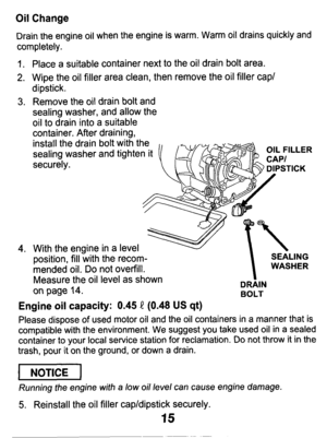 Page 15Oil Change 
Drain  the  engine  oil when  the  engine  is warm.  Warm  oil drains  quickly  and 
completely. 
1. 
2. 
3. 
4. 
Place  a suitable  container  next to the  oil  drain  bolt  area. 
Wipe  the  oil filler area  clean,  then  remove  the  oil  filler cap/ 
dipstick. 
Remove  the  oil  drain 
bolt and 
sealing  washer,  and  allow  the 
oil 
to drain  into  a suitable 
container.  After  draining, 
install  the  drain  bolt  with  the 
sealing  washer  and  tighten  it 
securely. 
With  the...