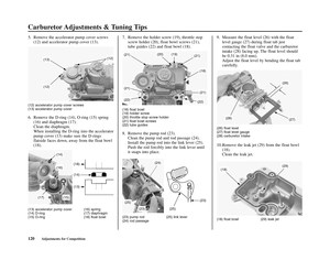 Page 124Carburetor Adjustments & Tuning Tips
120Adjustments for Competition
5. Remove the accelerator pump cover screws
(12) and accelerator pump cover (13).
(12) accelerator pump cover screws
(13) accelerator pump cover
6. Remove the D-ring (14), O-ring (15) spring
(16) and diaphragm (17).
Clean the diaphragm.
When installing the D-ring into the accelerator
pump cover (13) make sure the D-rings
flatside faces down, away from the float bowl
(18).
(13) accelerator pump cover (16) spring
(14) D-ring (17)...