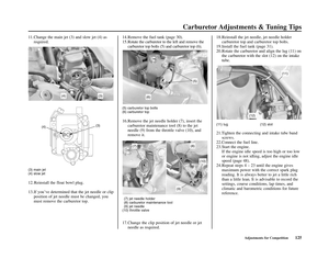 Page 129Carburetor Adjustments & Tuning Tips
Adjustments for Competition125 11. Change the main jet (3) and slow jet (4) as
required.
(3) main jet
(4) slow jet
12. Reinstall the float bowl plug.
13.If you’ve determined that the jet needle or clip
position of jet needle must be changed, you
must remove the carburetor top.14.Remove the fuel tank (page 30).
15. Rotate the carburetor to the left and remove the
carburetor top bolts (5) and carburetor top (6).
(5) carburetor top bolts
(6) carburetor top
16.Remove the...