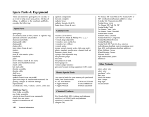 Page 152148Technical Information
Spare Parts & Equipment
There are numerous spare parts you can take to
an event to help ensure you get in a full day of
riding.  In addition to the usual nuts and bolts,
consider the following:
Spare Parts
spark plugs
air cleaner (clean & oiled, sealed in a plastic bag)
optional carburetor jets/needles
chain & masterlinks
chain guide slider
chain guide
chain rollers
inner tubes (front & rear)
fenders
footpegs
front & side number plates
handlebar
grips
levers (brake, clutch & hot...