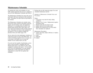 Page 2420Servicing Your Honda
Maintenance Schedule
To maintain the safety and reliability of your
CRF, regular inspection and service is required as
shown in the Maintenance Schedule that follows.  
The Maintenance Schedule lists items that can be
performed with basic mechanical skills and hand
tools.  Procedures for these items are provided in
this manual.  
The Maintenance Schedule also includes items
that involve more extensive procedures and may
require special training, tools, and equipment.
Therefore, we...