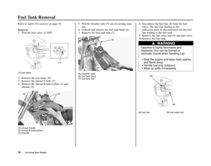 Page 3430Servicing Your Honda
Fuel Tank Removal
Refer to Safety Precautions on page 19.
Removal
1. Turn the fuel valve (1) OFF.5. Pull the breather tube (5) out of steering stem
nut.
6. Unhook and remove the fuel tank band (6).
7. Remove the fuel tank bolt (7).
(5) breather tube
(6) fuel tank band
(7) fuel tank bolt
8. Disconnect the fuel line (8) from the fuel
valve. The fuel line leading to the 
carburetor must be disconnected, not the fuel
line leading to the fuel tank.
9. Remove the fuel valve bolt (9) and...