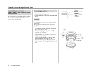 Page 7066Servicing Your Honda
Piston/Piston Rings/Piston Pin
Piston Ring Installation 
1. Clean the piston ring groove 
2. Apply engine oil to the piston rings and install
them.
Do not damage the piston ring by spreading the
ends too far.
Do not damage the piston during piston ring
installation.
•  To install the oil ring, install the spacer first,
then install the side rails.
•Install the top ring on the piston with the
marking side facing up.
3. After installing the rings they should rotate
freely, without...