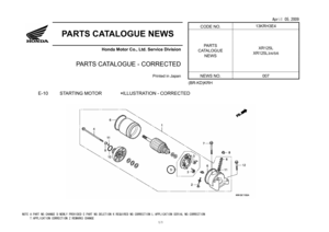 Page 116
Ap
ri
l 
05
,2
009 
 
CODE NO. 
13KRH3E4
 
  
 
P
ARTS CA
T
A
LOGUE NEWS 
  
Honda Motor Co., Lt
d. Service Div
ision 
   
PA
R
TS CA
TA
LOGUE - CORRECTED 
 
PA
RTS 
CA
TALOGUE 
NEWS 
XR125L 
XR125L
3/4/5/
6 
Printed in Jap
an 
 
NEWS NO. 
007 
   
  
  
  
   
  
  
  
  
   
  
  
  
  
   
  
  
  
  
   
  
  
  
  
   
  
  
  
  
   
  
  
  
  
   
  
 (BR-KD)KRH 
 
E-10     S
TARTING M
OTOR        
*ILLUSTRA
TION - CORRECTE
D 
  NOTE
 A:
PAR
T N
O.CHAN
GE 
D:N
EWL
Y PROV
IDE
D E
:PA
RT NO.
DEL...