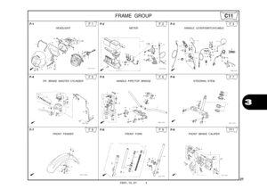 Page 30
2005.10.01 E
27
3
FRAME GROUP
F-1
HEADLIGHT
F 1F-2
METER
F 2F-3
HANDLE LEVER/SWITCH/CABLE
F 3
F-4
FR. BRAKE MASTER CYLINDER
F 5F-5
HANDLE PIPE/TOP BRIDGE
F 6F-6
STEERING STEM
F 7
F-7
FRONT FENDER
F 8F-8
FRONT FORK
F 9F-9
FRONT BRAKE CALIPER
F11
C11 