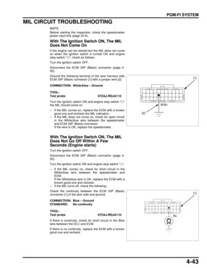 Page 1124-43
dummyhead
dummyhead
PGM-FI SYSTEM
MIL CIRCUIT TROUBLESHOOTING
Before starting the inspection, check the speedometer
power input line (page 20-6).
With The Ignition Switch ON, The MIL 
Does Not Come On
If the engine can be started but the MIL does not come
on when the ignition switch is turned ON and engine
stop switch  , check as follows:
Turn the ignition switch OFF.
Disconnect the ECM 33P (Black) connector (page 4-
50).
Ground the following terminal of the wire harness side
ECM 33P (Black)...