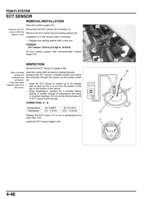 Page 1154-46
dummyhead
dummyhead
PGM-FI SYSTEM
ECT SENSOR
REMOVAL/INSTALLATION
Drain the coolant (page 9-5).
Disconnect the ECT sensor 3P connector [1].
Remove the ECT sensor [2] and sealing washer [3].
Installation is in the reverse order of removal.
 • Replace the sealing washer with a new one.
Fill the cooling system with recommended coolant
(page 9-5).
INSPECTION
Remove the ECT sensor [1] (page 4-46).
Heat the coolant with an electric heating element.
Suspend the ECT sensor in heated coolant and check
the...