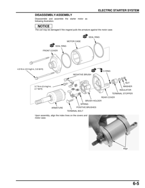 Page 1306-5
dummyhead
dummyhead
ELECTRIC STARTER SYSTEM
DISASSEMBLY/ASSEMBLY
Disassemble and assemble the starter motor as
following illustration.
The coil may be damaged if the magnet pulls the armature against the motor case.
Upon assembly, align the index lines on the covers and
motor case.
ARMATURE
TERMINAL BOLT
BRUSH HOLDER
SPRING
NUT
TERMINAL STOPPER
INSULATOR
REAR COVER
WASHER
O-RING
FRONT COVER
SEAL RING
MOTOR CASE
SEAL RING
4.9 N·m (0.5 kgf·m, 3.6 lbf·ft)
3.7 N·m (0.4 kgf·m, 
2.7 lbf·ft)
POSITIVE...