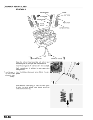 Page 19310-16
dummyhead
dummyhead
CYLINDER HEAD/VALVESASSEMBLY
Clean the cylinder head assembly with solvent and
blow through all oil passages with compressed air.
Install the spring seats [1]  and new valve stem seals [2].
Apply molybdenum oil solution to each valve stem
sliding surface.
Insert the intake and exhaust valves [3] into the valve
guides.
Install the inner valve spring [1] and outer valve spring
[2] with the tightly wound coils should facing the
combustion chamber [3].
INTAKE VALVE 
COTTERS
OUTER...