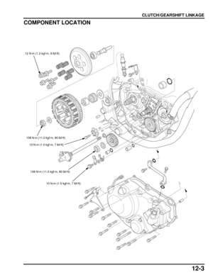 Page 20612-3
dummyhead
dummyhead
CLUTCH/GEARSHIFT LINKAGE
COMPONENT LOCATION
108 N·m (11.0 kgf·m, 80 lbf·ft)
12 N·m (1.2 kgf·m, 9 lbf·ft)
10 N·m (1.0 kgf·m, 7 lbf·ft)
10 N·m (1.0 kgf·m, 7 lbf·ft)
108 N·m (11.0 kgf·m, 80 lbf·ft) 