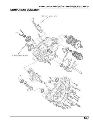 Page 23414-3
dummyhead
dummyhead
CRANKCASE/CRANKSHAFT/TRANSMISSION/BALANCER
COMPONENT LOCATION
10 N·m (1.0 kgf·m, 7 lbf·ft)
44 N·m (4.5 kgf·m, 32 lbf·ft) 