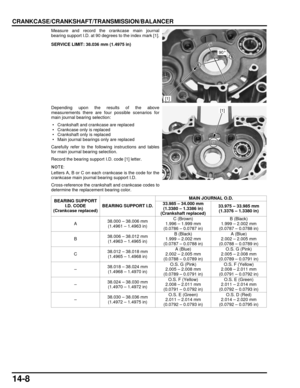 Page 23914-8
dummyhead
dummyhead
CRANKCASE/CRANKSHAFT/TRANSMISSION/BALANCER
Measure and record the crankcase main journal
bearing support I.D. at 90 degrees to the index mark [1].
Depending upon the results of the above
measurements there are four possible scenarios for
main journal bearing selection:
 • Crankshaft and crankcase are replaced
 • Crankcase only is replaced
 • Crankshaft only is replaced
 • Main journal bearings only are replaced
Carefully refer to the following instructions and tables
for main...