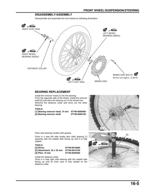 Page 26816-5
dummyhead
dummyhead
FRONT WHEEL/SUSPENSION/STEERING
DISASSEMBLY/ASSEMBLY
Disassemble and assemble the front wheel as following illustration.
BEARING REPLACEMENT
Install the remover head [1] into the bearing.
From the opposite side of the wheel, install the remover
shaft [2] and drive the bearing out of the wheel hub.
Remove the distance collar and drive out the other
bearing.
Pack new bearing cavities with grease.
Drive in a new left side (brake disc side) bearing [1]
squarely with the sealed side...