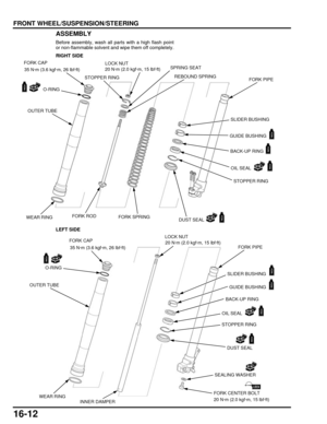 Page 27516-12
dummyhead
dummyhead
FRONT WHEEL/SUSPENSION/STEERINGASSEMBLY
Before assembly, wash all parts with a high flash point
or non-flammable solvent and wipe them off completely.
RIGHT SIDE
LEFT SIDE
35 N·m (3.6 kgf·m, 26 lbf·ft)20 N·m (2.0 kgf·m, 15 lbf·ft)
FORK SPRING
OIL SEAL
WEAR RING
OUTER TUBE
STOPPER RING
FORK CAP
BACK-UP RING
SLIDER BUSHING
GUIDE BUSHING
DUST SEAL
O-RING
FORK PIPESTOPPER RING
SPRING SEAT
REBOUND SPRING
LOCK NUT
FORK ROD
35 N·m (3.6 kgf·m, 26 lbf·ft)20 N·m (2.0 kgf·m, 15 lbf·ft)
20...