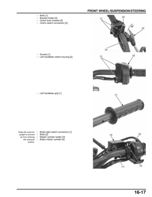 Page 28016-17
dummyhead
dummyhead
FRONT WHEEL/SUSPENSION/STEERING
– Bolts [1]
– Bracket holder [2]
– Clutch lever bracket [3]
– Clutch switch connectors [4]
– Screws [1]
– Left handlebar switch housing [2]
– Left handlebar grip [1]
Keep the reservoirupright to prevent air from entering the hydraulic
system.– Brake light switch connectors [1]
– Bolts [2]
– Master cylinder holder [3]
– Brake master cylinder [4]
[2]
[3]
[1]
[4]
[2][1]
[1]
[2]
[3]
[1]
[4] 