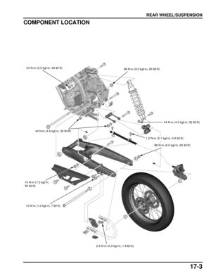 Page 29217-3
dummyhead
dummyhead
REAR WHEEL/SUSPENSION
COMPONENT LOCATION
88 N·m (9.0 kgf·m, 65 lbf·ft)
10 N·m (1.0 kgf·m, 7 lbf·ft)
74 N·m (7.5 kgf·m, 
55 lbf·ft)
54 N·m (5.5 kgf·m, 40 lbf·ft)
2.5 N·m (0.3 kgf·m, 1.8 lbf·ft)
44 N·m (4.5 kgf·m, 32 lbf·ft)
1.2 N·m (0.1 kgf·m, 0.9 lbf·ft)
88 N·m (9.0 kgf·m, 65 lbf·ft)
44 N·m (4.5 kgf·m, 32 lbf·ft) 