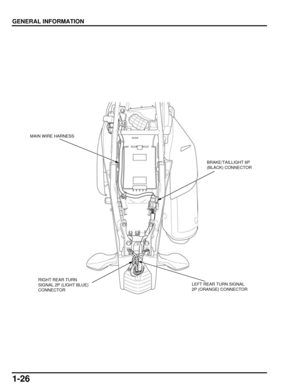 Page 311-26
dummyhead
dummyhead
GENERAL INFORMATION
BRAKE/TAILLIGHT 6P 
(BLACK) CONNECTOR
LEFT REAR TURN SIGNAL 
2P (ORANGE) CONNECTORRIGHT REAR TURN 
SIGNAL 2P (LIGHT BLUE) 
CONNECTOR
MAIN WIRE HARNESS 