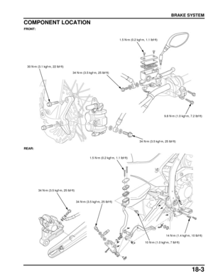 Page 30418-3
dummyhead
dummyhead
BRAKE SYSTEM
COMPONENT LOCATION
FRONT:
REAR:
34 N·m (3.5 kgf·m, 25 lbf·ft)
34 N·m (3.5 kgf·m, 25 lbf·ft)
1.5 N·m (0.2 kgf·m, 1.1 lbf·ft)
30 N·m (3.1 kgf·m, 22 lbf·ft)
9.8 N·m (1.0 kgf·m, 7.2 lbf·ft)
34 N·m (3.5 kgf·m, 25 lbf·ft)
1.5 N·m (0.2 kgf·m, 1.1 lbf·ft)
10 N·m (1.0 kgf·m, 7 lbf·ft)
34 N·m (3.5 kgf·m, 25 lbf·ft)
14 N·m (1.4 kgf·m, 10 lbf·ft) 