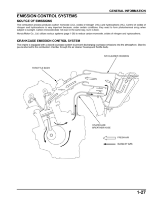 Page 321-27
dummyhead
dummyhead
GENERAL INFORMATION
EMISSION CONTROL SYSTEMS
SOURCE OF EMISSIONS
The combustion process produces carbon monoxide (CO), oxides of nitrogen (NOX) and hydrocarbons (HC). Control of oxides of
nitrogen and hydrocarbons is very important  because, under certain conditions, they react to form photochemical smog when
subject to sunlight. Carbon monoxide does not  react in the same way, but it is toxic.
Honda Motor Co., Ltd. utilizes various systems (page 1-28) to  reduce carbon monoxide,...