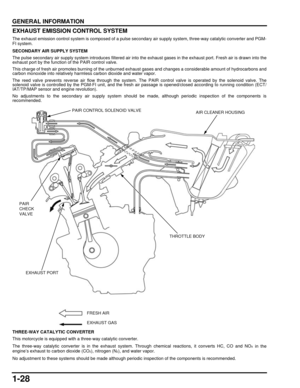 Page 331-28
dummyhead
dummyhead
GENERAL INFORMATIONEXHAUST EMISSION CONTROL SYSTEM
The exhaust emission control system is composed of a pulse seco ndary air supply system, three-way catalytic converter and PGM-
FI system.
SECONDARY AIR SUPPLY SYSTEM
The pulse secondary air supply system introduc es filtered air into the exhaust gases in the exhaust port. Fresh air is drawn in to the
exhaust port by the functi on of the PAIR control valve.
This charge of fresh air promotes burning  of the unburned exhaust gases...