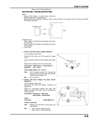 Page 784-9
dummyhead
dummyhead
PGM-FI SYSTEM
 • Open circuit in Green/white wire
BEFORE MIL TROUBLESHOOTING
 • When the MIL blinks 1, 8 and 9 times, check thefollowing before MIL troubleshooting.
 • Before starting the inspection, check for loose or  poor contact on the sensor unit 5P connector and ECM
33P (Black) connector.
Probable cause
 • Open circuit in Yellow/red wire between the sensor unit and ECM
 • Open circuit in Green/white wire between the sensor unit and ECM
 • Faulty ECM
1. Sensor Unit Power...