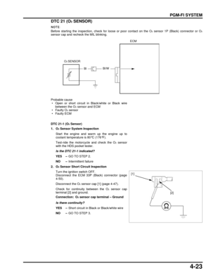 Page 924-23
dummyhead
dummyhead
PGM-FI SYSTEM
DTC 21 (O
2 SENSOR)
Before starting the inspection, check  for loose or poor contact on the O2 sensor 1P (Black) connector or O2sensor cap and recheck the MIL blinking.
Probable cause
 • Open or short circuit in Black/white or Black wire
between the O
2 sensor and ECM
 • Faulty O2 sensor
 • Faulty ECM
DTC 21-1 (O
2 Sensor)
1. O
2 Sensor System Inspection
Start the engine and warm up the engine up to
coolant temperature is 80°C (176°F).
Test-ride the motorcycle and...