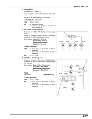 Page 944-25
dummyhead
dummyhead
PGM-FI SYSTEM
1. Recheck DTCErase the DTC’s (page 4-5).
Turn the ignition switch ON and engine stop switch
.
Check the IACV with the HDS pocket tester.
Is the DTC 29-1 indicated?
YES – GO TO STEP 2.
NO –  • Intermittent failure
 • Loose or poor contact on the IACV 4P
(Black) connector
2. IACV Short Circuit Inspection Disconnect the ECM 33P (Black) connector (page
4-50).
Check for continuity between the IACV 4P (Black)
connector [1] of the wire side and ground.
Is there...