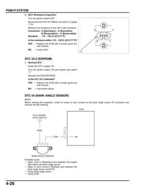 Page 954-26
dummyhead
dummyhead
PGM-FI SYSTEM
4. IACV Resistance InspectionTurn the ignition switch OFF.
Disconnect the IACV 4P (Black) connector [1] (page
7-15).
Measure the resistance at the IACV side connector.
Is the resistance within 110 – 150  Ω (25°C/77°F)?
YES – Replace the ECM with a known good one
and recheck.
NO – Faulty IACV
DTC 33-2 (EEPROM)
1. Recheck DTC
Erase the DTC’s (page 4-5).
Turn the ignition switch ON and engine stop switch
.
Recheck the ECM EEPROM.
Is the DTC 33-2 indicated?
YES –...