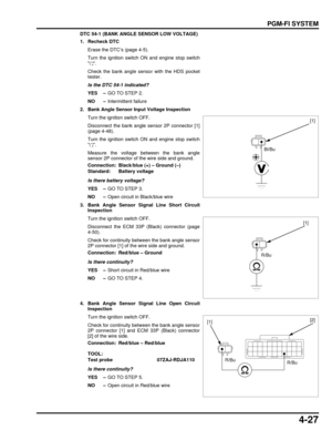 Page 964-27
dummyhead
dummyhead
PGM-FI SYSTEM
DTC 54-1 (BANK ANGLE SENSOR LOW VOLTAGE)
1. Recheck DTC
Erase the DTC’s (page 4-5).
Turn the ignition switch ON and engine stop switch
.
Check the bank angle sensor with the HDS pocket
tester.
Is the DTC 54-1 indicated?
YES – GO TO STEP 2.
NO – Intermittent failure
2. Bank Angle Sensor Input Voltage Inspection Turn the ignition switch OFF.
Disconnect the bank angle sensor 2P connector [1]
(page 4-48).
Turn the ignition switch ON and engine stop switch
.
Measure the...