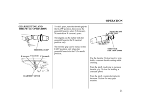 Page 3331 GEARSHIFTING AND
THROTTLE OPERATION
OPERATION
THROTTLE GRIP
R (reverse)N (neutral)
F(forward)
TTOODDEECCRREEAASSEEFFRRIICCTTIIOONN
TTOOIINNCCRREEAASSEEFFRRIICCTTIIOONN
THROTTLE
FRICTION KNOB
GEARSHIFT LEVER
To shif t gears, turn the throttle grip to
the SLOW position, then move the
gearshif t lever to select F (f orward),
N (neutral) or R (reverse) gears.
The engine can be started with the
gearshif t lever in the N (neutral)
position only.
The throttle grip can be turned to the
FAST position only when...