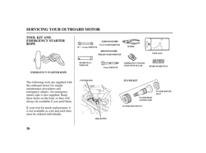 Page 40·
38 TOOL KIT AND
EMERGENCY STARTER
ROPE
SERVICING YOUR OUTBOARD MOTOR
EMERGENCY STARTER ROPE
FLUSH KIT
10 12 mm WRENCHPLIERS
TOOL BAG FLAT SCREWDRIVER
PHILIPS SCREWDRIVER
8 mm WRENCHEMERGENCY ENGINE
STOP SWITCH CLIP
SPARE SPARK PLUG
COTTER PINS
SHEAR PINSWATER MOUTH NUT SPARK PLUG
WRENCH
WATER MOUTH
SEAT
WATER HOSE
CONNECTOR
The f ollowing tools are supplied with
the outboard motor f or simple
maintenance procedures and
emergency repairs. An emergency
starter rope is also supplied. Keep
these items on...