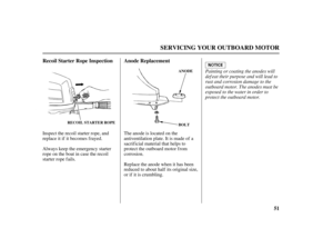 Page 5351 Recoil Starter Rope Inspection Anode Replacement
SERVICING YOUR OUTBOARD MOTOR
RECOIL STARTER ROPE
BOLT ANODE
Painting or coating the anodes will
def eat their purpose and will lead to
rust and corrosion damage to the
outboard motor. The anodes must be
exposed to the water in order to
protect the outboard motor.
Always keep the emergency starter
rope on the boat in case the recoil
starter rope f ails. Inspect the recoil starter rope, and
replace it if it becomes f rayed.The anode is located on the...