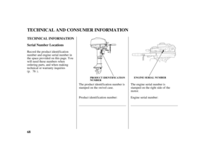 Page 7068 TECHNICAL INFORMATION
Serial Number Locations
TECHNICAL AND CONSUMER INFORMATION
ENGINE SERIAL NUMBER
PRODUCT IDENTIFICATION
NUMBER
Record the product identification
number and engine serial number in
the space provided on this page. You
will need these numbers when
ordering parts, and when making
technical or warranty inquiries
(p. ).
Engine serial number: Product identification number: The product identification number is
stamped on the swivel case.The engine serial number is
stamped on the right...