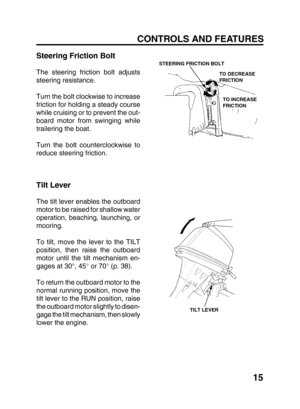 Page 1715
CONTROLS AND FEATURES
Steering Friction Bolt
The steering friction bolt adjusts
steering resistance.
Turn the bolt clockwise to increase
friction for holding a steady course
while cruising or to prevent the out-
board motor from swinging while
trailering the boat.
Turn the bolt counterclockwise to
reduce steering friction.
Tilt Lever
The tilt lever enables the outboard
motor to be raised for shallow water
operation, beaching, launching, or
mooring.
To tilt, move the lever to the TILT
position, then...