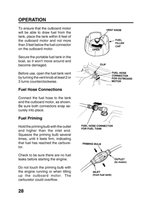 Page 3028
To ensure that the outboard motor
will be able to draw fuel from the
tank, place the tank within 6 feet of
the outboard motor and not more
than 3 feet below the fuel connector
on the outboard motor.
Secure the portable fuel tank in the
boat, so it won’t move around and
become damaged.
Before use, open the fuel tank vent
by turning the vent knob at least 2 or
3 turns counterclockwise.
Fuel Hose Connections
Connect the fuel hose to the tank
and the outboard motor, as shown.
Be sure both connectors snap...