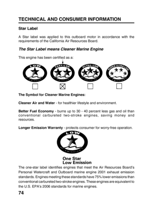 Page 7674
TECHNICAL AND CONSUMER INFORMATION
Star Label
A Star label was applied to this outboard motor in accordance with the
requirements of the California Air Resources Board.
The Star Label means Cleaner Marine Engine
This engine has been certified as a:
The Symbol for Cleaner Marine Engines:
Cleaner Air and Water - for healthier lifestyle and environment.
Better Fuel Economy - burns up to 30 - 40 percent less gas and oil than
conventional carbureted two-stroke engines, saving money and
resources.
Longer...