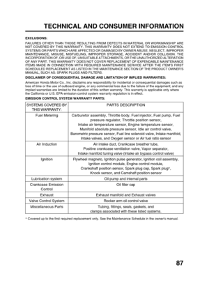 Page 8987 TECHNICAL AND CONSUMER INFORMATION
EXCLUSIONS:
FAILURES OTHER THAN THOSE RESULTING FROM DEFECTS IN MATERIAL OR WORKMANSHIP ARE
NOT COVERED BY THIS WARRANTY. THIS WARRANTY DOES NOT EXTEND TO EMISSION CONTROL
SYSTEMS OR PARTS WHICH ARE AFFECTED OR DAMAGED BY OWNER ABUSE, NEGLECT, IMPROPER
MAINTENANCE, MISUSE, MISFUELING, IMPROPER STORAGE, ACCIDENT AND/OR COLLISION. THE
INCORPORATION OF, OR USE OF, UNSUITABLE ATTACHMENTS, OR THE UNAUTHORIZED ALTERATION
OF ANY PART. THIS WARRANTY DOES NOT COVER...