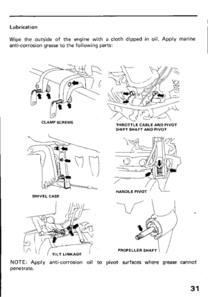 Page 33Lubrication 
Wipe the outside of the engine with a cloth dipped in oil. Apply marine 
anti-corrosion grease to the following parts: 
CLAMP SCREWS 
SWIVEL CASE 
TILT LINKAGE 
NOTE: Apply anti-corrosion oil to 
penetrate. 
THROTTLE CABLE AND PIVOT 
SHIFT SHAFT AND PIVOT 
HANDLE PIVOT ’ 
\’ 
PROPELLER SHAFT  
/ 
pivot surfaces where grease cannot 
31  