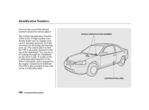 Page 294Your car has several identif ying
numbers located in various places.
The Vehicle Identif ication Number
(VIN) is the 17-digit number your
Honda dealer uses to register your
car f or warranty purposes. It is also
necessary f or licensing and insuring
your car. The easiest place to find
the VIN is on a plate fastened to the
top of the dashboard. You can see it
by looking through the windshield
on the driver’s side. It is also on the
Certification label attached to the
driver’s doorjamb, and is stamped on...