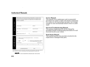 Page 314µµ
µ
(


%
)
$
%

.


#
) This manual describes the procedures involved in the
replacement of damaged body parts. This manual covers maintenance and recommended
procedures f or repair to engine and chassis components.
It is written f or the Journeyman mechanic, but is simple
enough f or most mechanically-inclined owners to under-
stand.
This manual complements the Service Manual by
providing in-depth troubleshooting inf ormation f or each
electrical circuit in your vehicle.
Authorized...