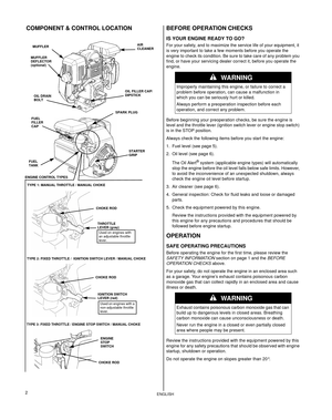 Page 22ENGLISH
COMPONENT & CONTROL LOCATION BEFORE OPERATION CHECKS 
IS YOUR ENGINE READY TO GO?
For your safety, and to maximize the service life of your equipment, it 
is very important to take a fe w moments before you operate the 
engine to check its condition. Be sure  to take care of any problem you 
find, or have your servicing dealer  correct it, before you operate the 
engine.
Before beginning your preoperation  checks, be sure the engine is 
level and the throttle leve r (ignition switch lever or...
