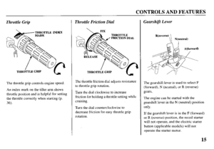 Page 17CONTROLS AND FEATURES 
Throttle Grip 
The throttle grip controls engine speed. 
An index mark on the tiller arm shows 
throttle position and is helpful for setting 
the throttle correctly when starting (p. 
36). 
Throttle Friction Dial 
THROTTLE 
FRlCTlON DIAL 
The throttle friction dial adjusts resistance 
to throttle grip rotation. 
Turn the dial clockwise to increase 
friction for holding a throttle setting while 
cruising. 
Turn the dial counterclockwise to 
decrease friction for easy throttle grip...