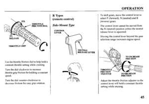 Page 47OPERATION 
FRICTION DIAL 
Use the throttle friction dial to help hold a 
constant throttle setting while cruising. 
Turn the dial clockwise to increase 
throttle grip friction for holding a constant 
speed. 
Turn the dial counter-clockwise to 
decrease friction for easy grip rotation. 
R Types 
(remote control) 
Side-Mount Type 
CONTROL 
LEVER 
RELEASE LEVER 
To shift gears, move the control lever to 
select F (forward), N (neutral) and R 
(reverse) gears. 
The control lever cannot be moved from 
the N...