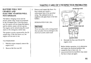 Page 83TAKING CARE OF UNEXPECTED PROBLEMS 
BATTERY WILL NOT 
CHARGE AND 
ELECTRIC STARTER WILL 
NOT OPERATE 
The battery-charging circuit and the 
electric starter relay circuit are protected 
by the 20-ampere fuse. If the fuse bums 
out, the engine will not charge the battery, 
and the electric starter will not operate. 
The engine can be started using the recoil 
starter or the emergency starter repe. 
The ignition switch is protected by the 20- 
ampere fuse. If the fuse bums out, the 
engine will not start...