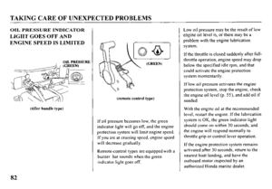 Page 84TAKING CARE OF UNEXPECTED PROBLEMS 
OIL PRESSURE INDICATOR 
LIGHT GOES OFF AND 
ENGINE SPEED IS LIMITED 
OIL PRESSURE 
(tiller handle type) (remote control type) 
If oil pressure becomes low, the green 
indicator light will go off, and the engine 
protection system will limit engine speed. 
If you arc at cruising speed, engine speed 
will decrease gradually. 
Remote-control types are equipped with a 
buzzer hat sounds when the green 
indicator light goes off. Low oil pressure may be the result of low...