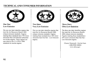 Page 94TECHNICAL AND CONSUMER INFORMATION 
One Star 
Low Emission 
The one-star label identities engines that 
meet the Air Resources Board’s 200 I 
exhaust emission standards. Engines 
meeting these standards have 75% lower 
emissions than conventional carbureted 
two-stroke engines. These engines are 
equivalent to the U.S. EPA’s 2006 
standards for marine engines. 
Two Stars 
Very Low Emission 
The two-star label identifies engines that 
meet the Air Resources Boards 2004 
exhaust emission standards. Engines...