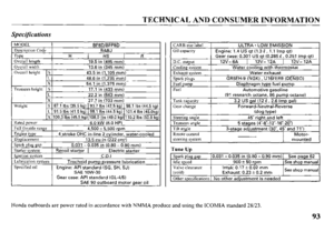 Page 95TECHNICAL AND CONSUMER INFORMATION 
Specifications 
MODEL 
BF8D/BFP8D Description Code BABJ Type 
H 
HS I? 
Overall length 
19.5 in (495 mm) 
Overall width 
13.6 in (345 mm) 
Overall height S 
43.5 in (1,105 mm) 
L 
X 
Transom height S 48.6 in (1,235 mm) 
54.1 in (1,375 mm) 
17.1 in (433 mm) 
Weight L 
22.2 in (563 mm) 
X 
27.7 in (703 mm) 
S 87.1 93.7 Ibs (42.5 kg) 98.1 Ibs (44.5 kg) 
L 91.5 Ibs (41.5 kg) 98.1 Ibs (44.5 kg) 101.4 Ibs (46.0kg) 
x 100.3 Ibs (45.5 kg) 108.0 Ibs (49.0 kg) 110.2 Ibs (50.0...