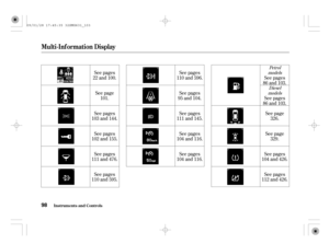 Page 103See pages
22 and 100.
See page
101.
See pages
103 and 144.
See pages
102 and 155.See pages
95 and 104.
See pages
111 and 145.
See pages
104 and 116.
See pages
104 and 116.See pages
86 and 103.
See pages
86 and 103.
See page
326.
See page
329.
See pages
110 and 595.See pages
110 and 596.
See pages
104 and 426.
See pages
112 and 426. See pages
111 and 476.
Petrol
models
Diesel
models
Multi-Inf ormation Display
Inst rument s and Cont rols98
09/01/28 17:45:35 32SMG631_103 